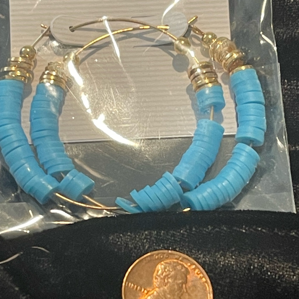 Gold And Blue Beaded Hoop Earrings 10$